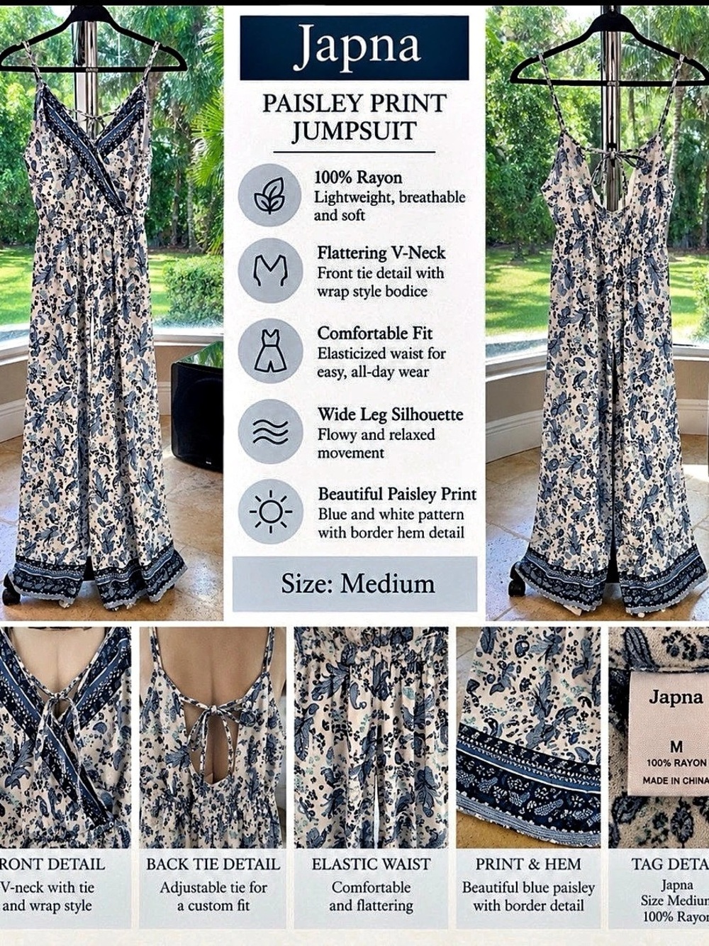 Japna Paisley Print Jumpsuit Blue & White Rayon Jumpsuit Size Medium